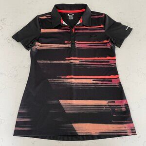 Oakley SS Abstract Print Poly Blend 4 Button Polo Shirt Blk Orange Pink Sz S